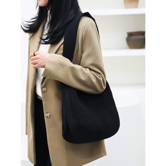 Women's Black Shoulder Handbags Crocheted Bags Large Knit Bag Tote Bag - Picture 9 of 9